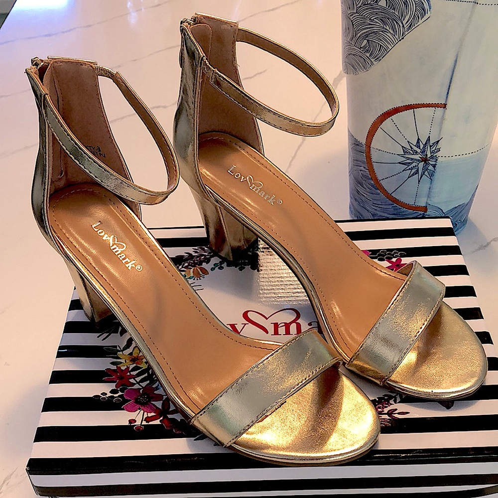 Gold Ankle Strap Chunky Block Heel 8 1/2